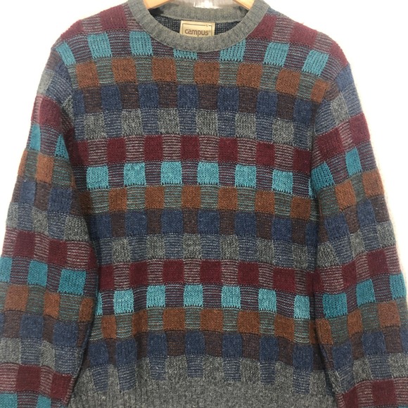 Vintage Campus Mens L Geometric Checkered Knit Sweater Crew Neck Long Sleeve - Picture 1 of 7